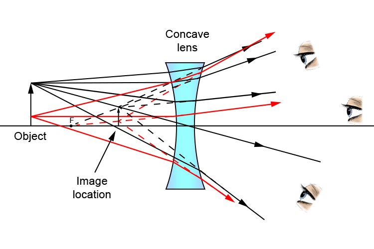 Ray diagram showing what the eye sees when looking through a concave lens